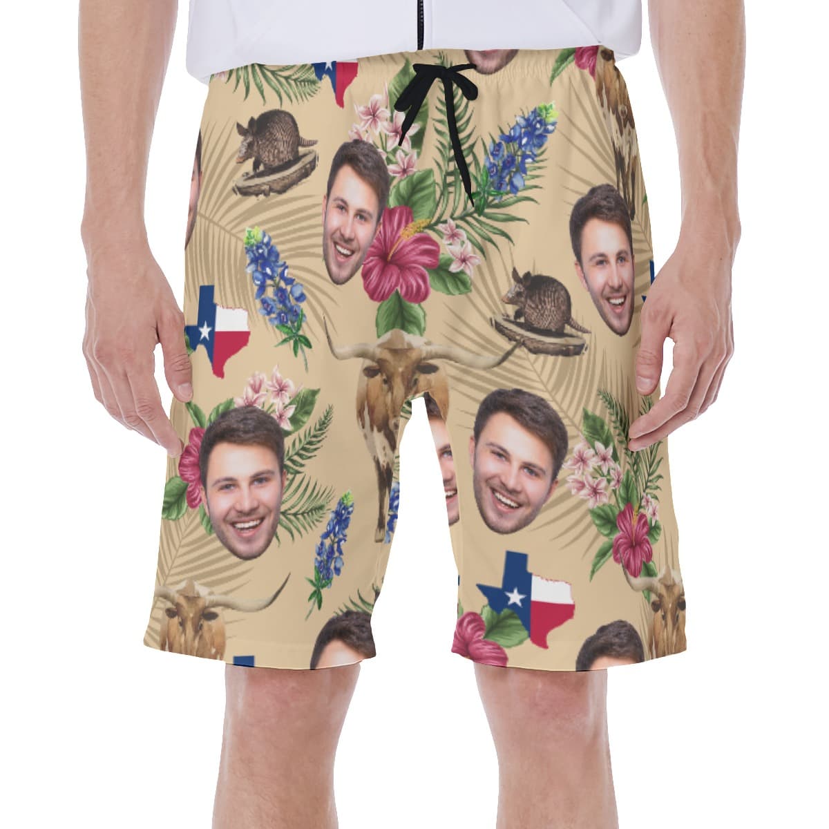 Texas Longhorns Floral Custom Face Hawaiian Swim Trunks For Men