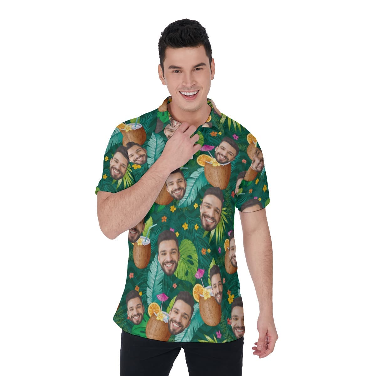 Tropical Coconut Drinking Men's Polo Shirt With Custom Face (1)