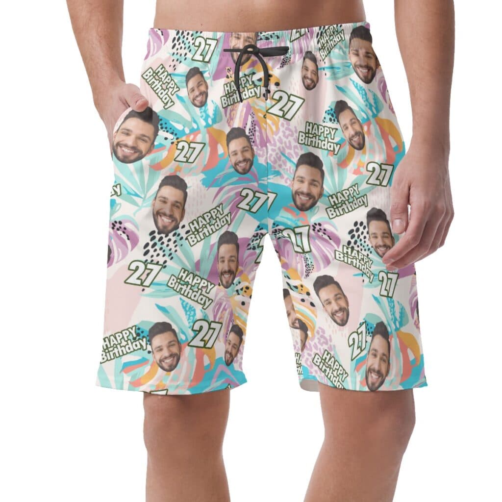 Tropical Custom Face Birthday Hawaiian Beach Shorts For Men