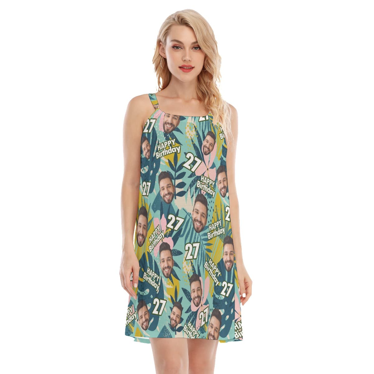 Tropical Custom Face Birthday Hawaiian Cami Dress For Women (3)