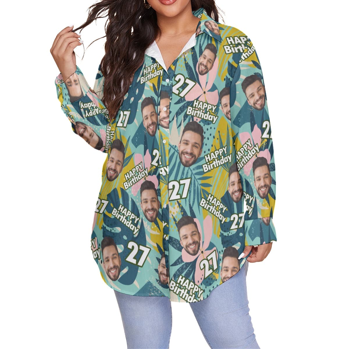 Tropical Custom Face Birthday Women’s Hawaiian Plus Size Shirt (4)