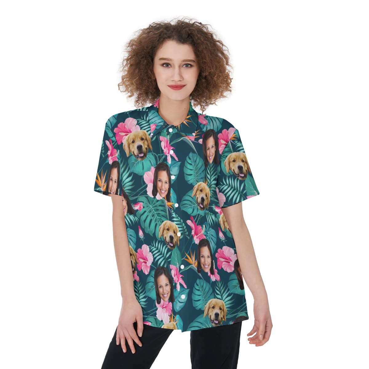 Tropical Custom Pet And Owner Face Hawaiian Shirt For Women (1)