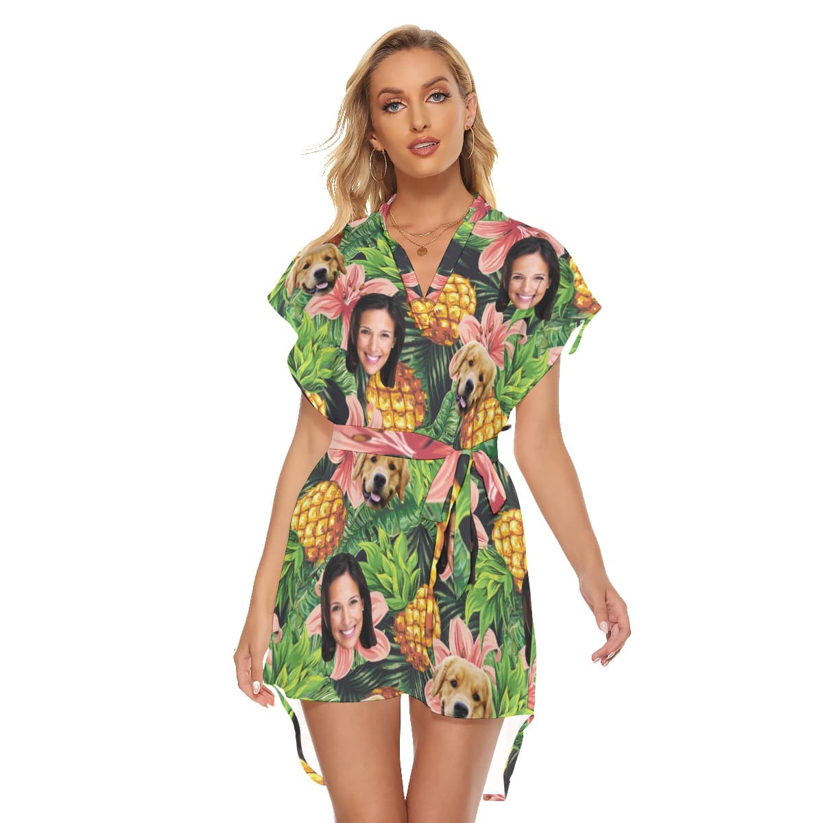 Tropical Customize And Dog Hawaiian Dress With Belt For Women (1)