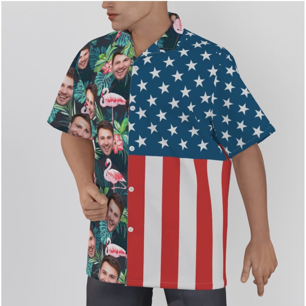 Tropical Flamingo American Flag Custom Face Hawaiian Shirt