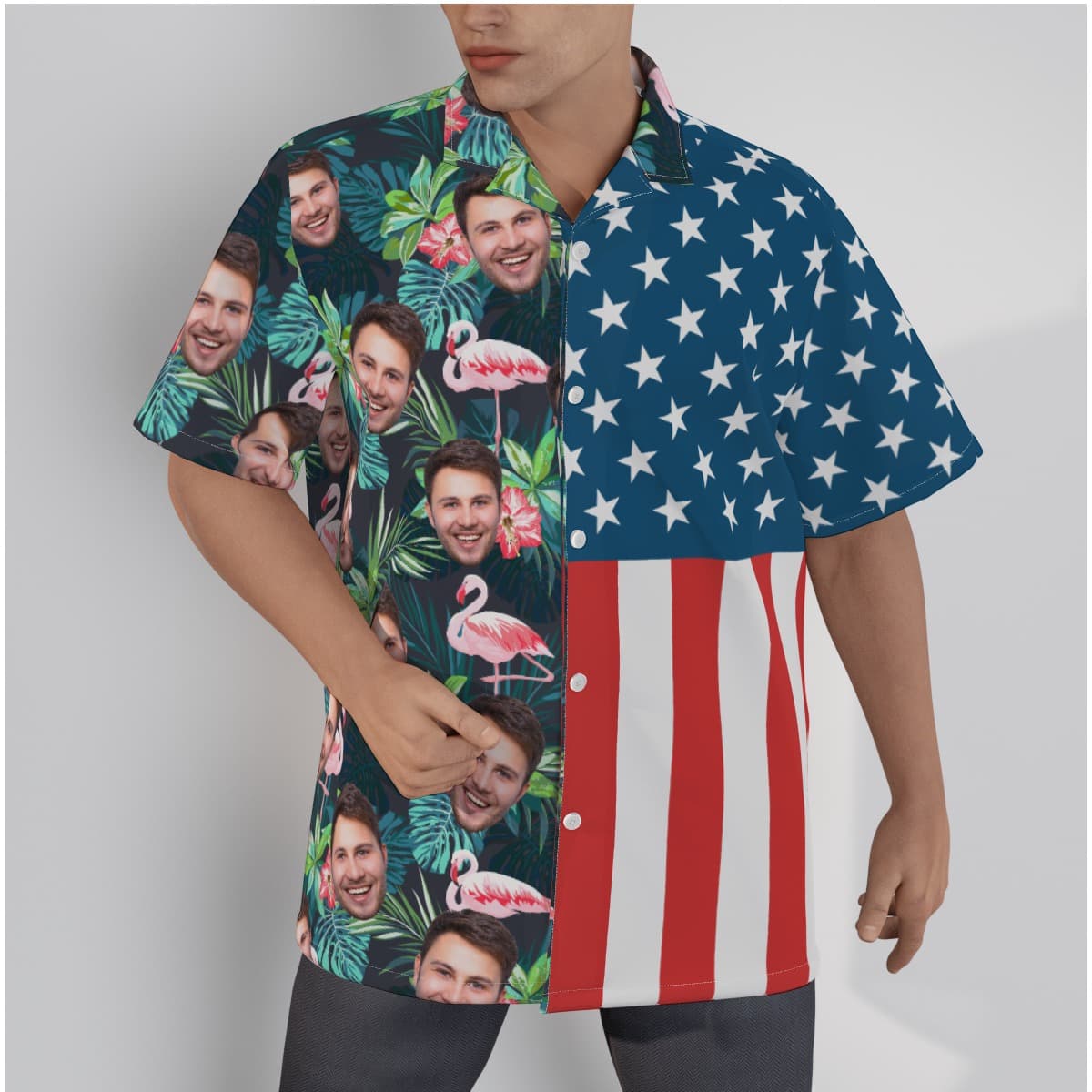 Tropical Flamingo American Flag Custom Face Hawaiian Shirt (3)