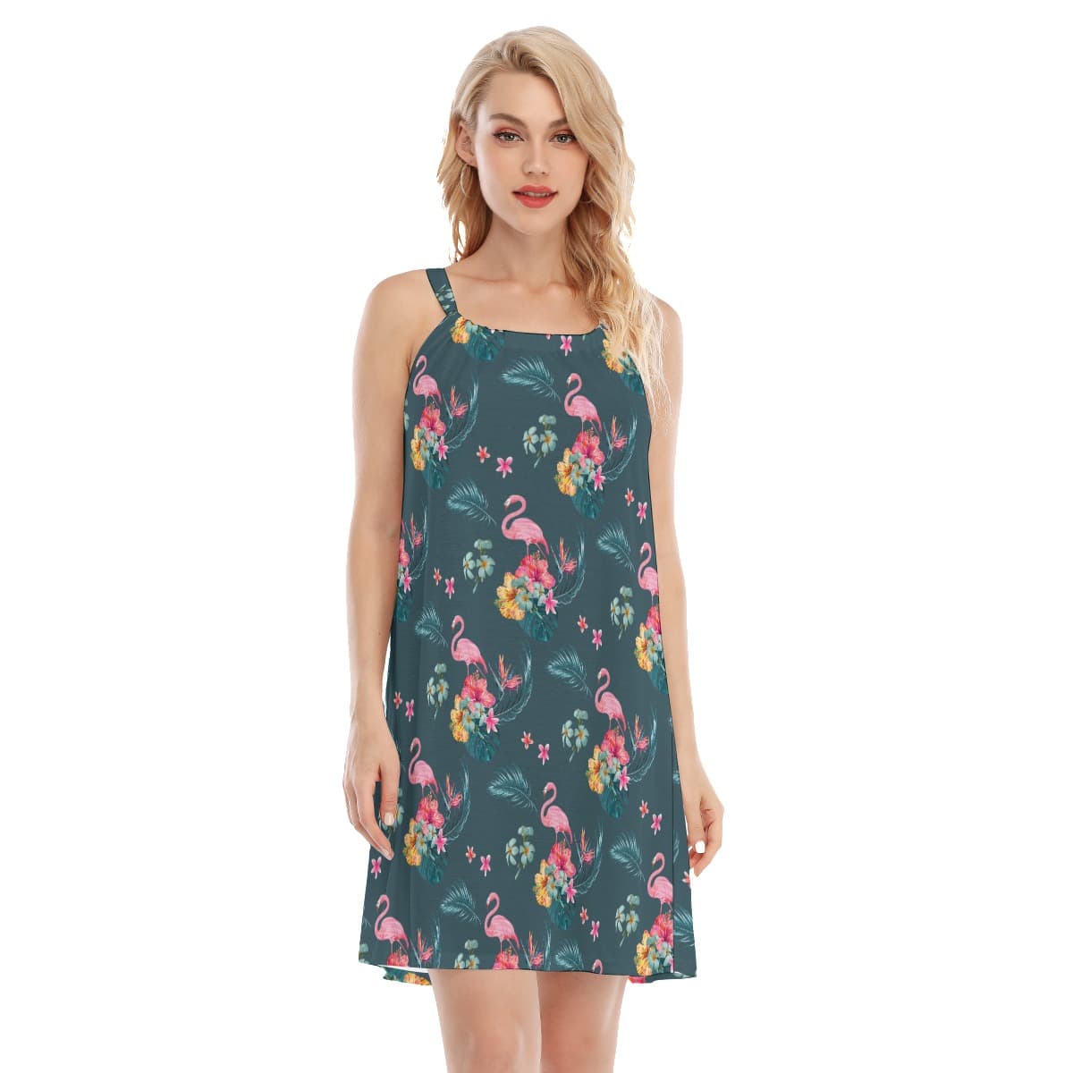 Tropical Flamingo Blue Hawaiian Dress (1)
