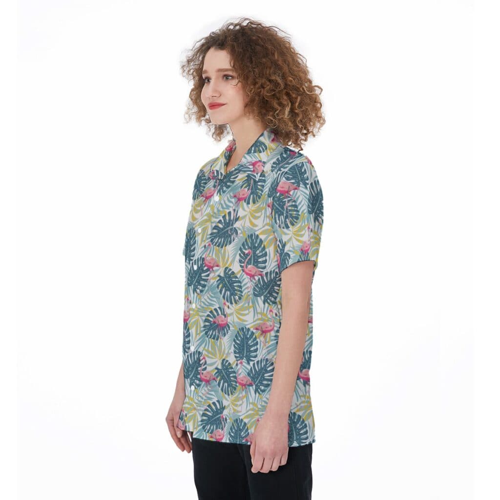 Tropical Flamingo Green Aloha Shirt For Women