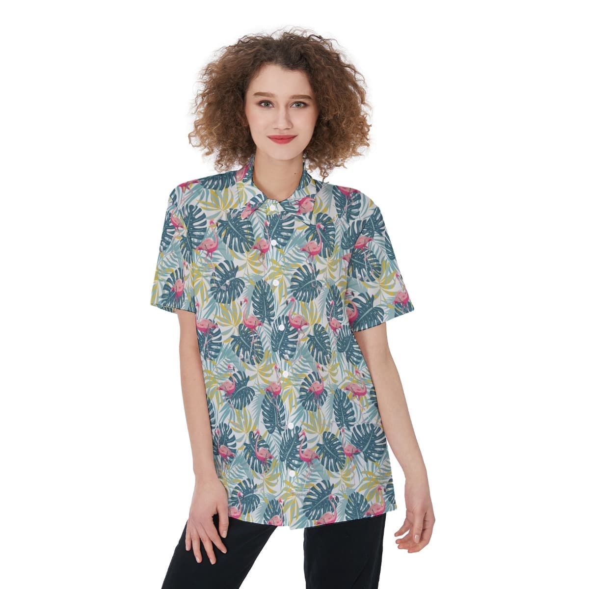 Tropical Flamingo Green Aloha Shirt For Women