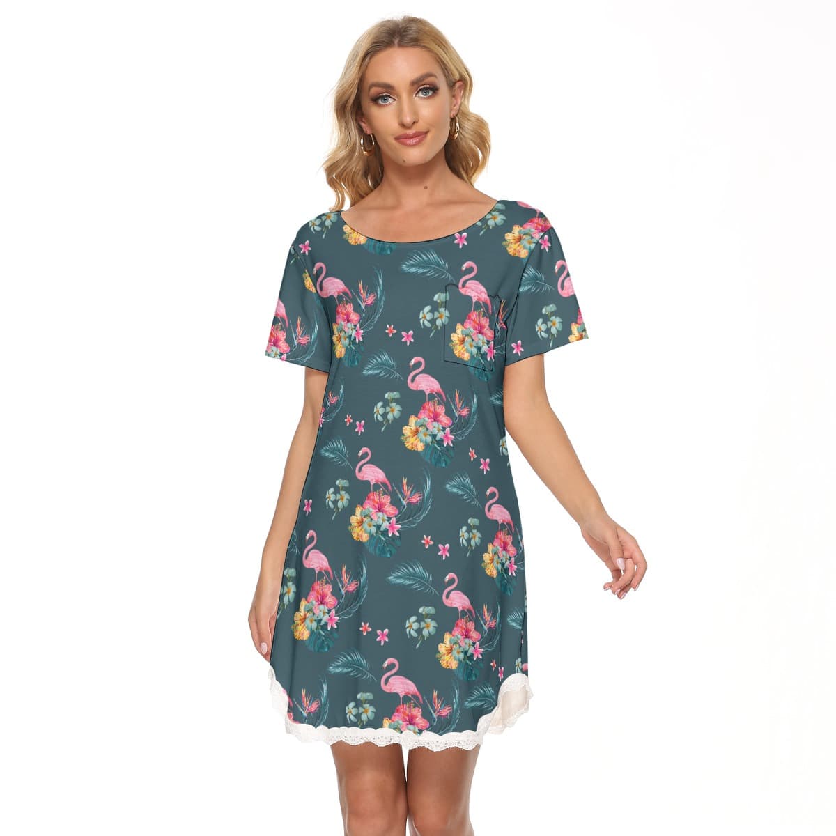 Tropical Flamingo Hawaiian Dress With Lace (1)