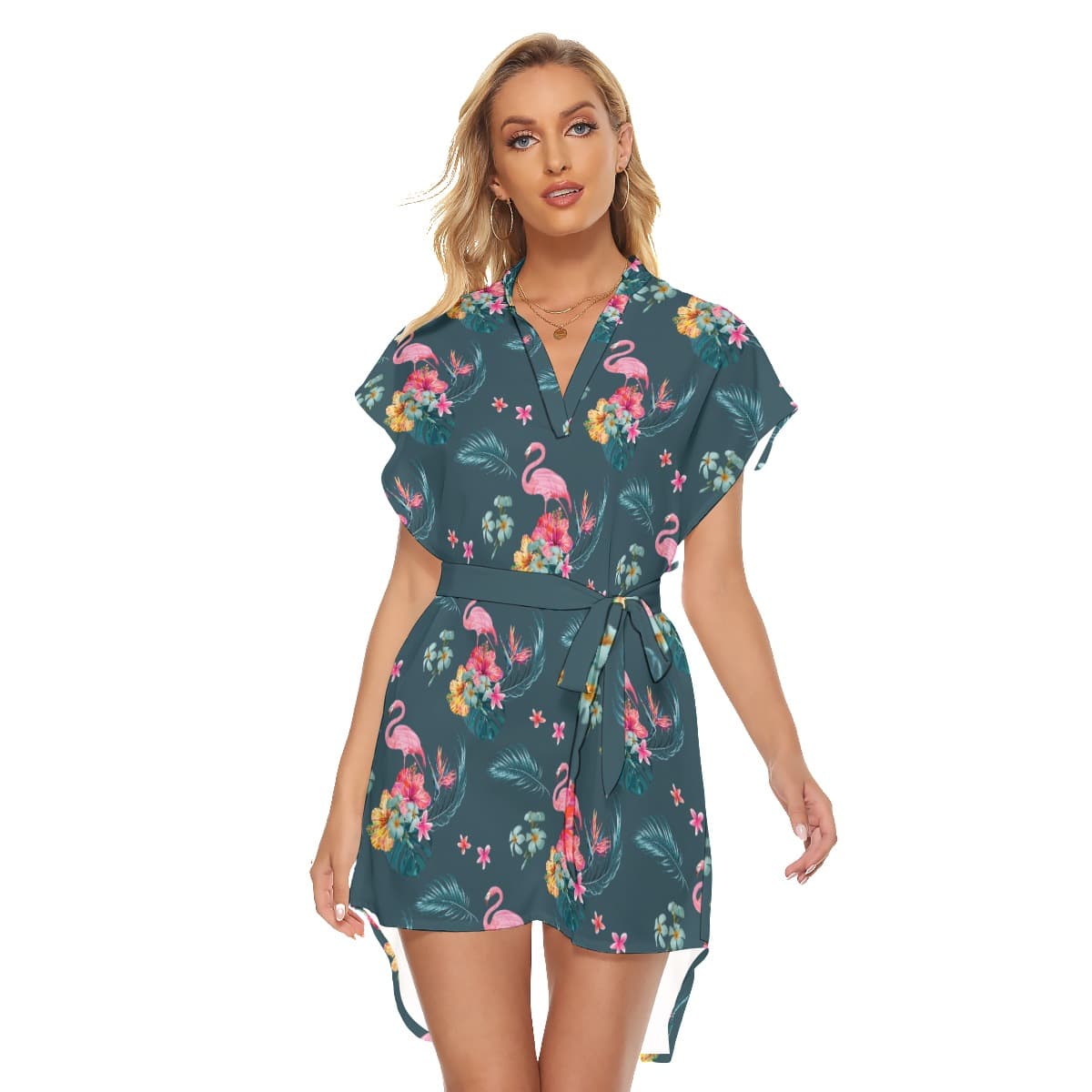 Tropical Flamingo Hawaiian Dress With Tie (1)