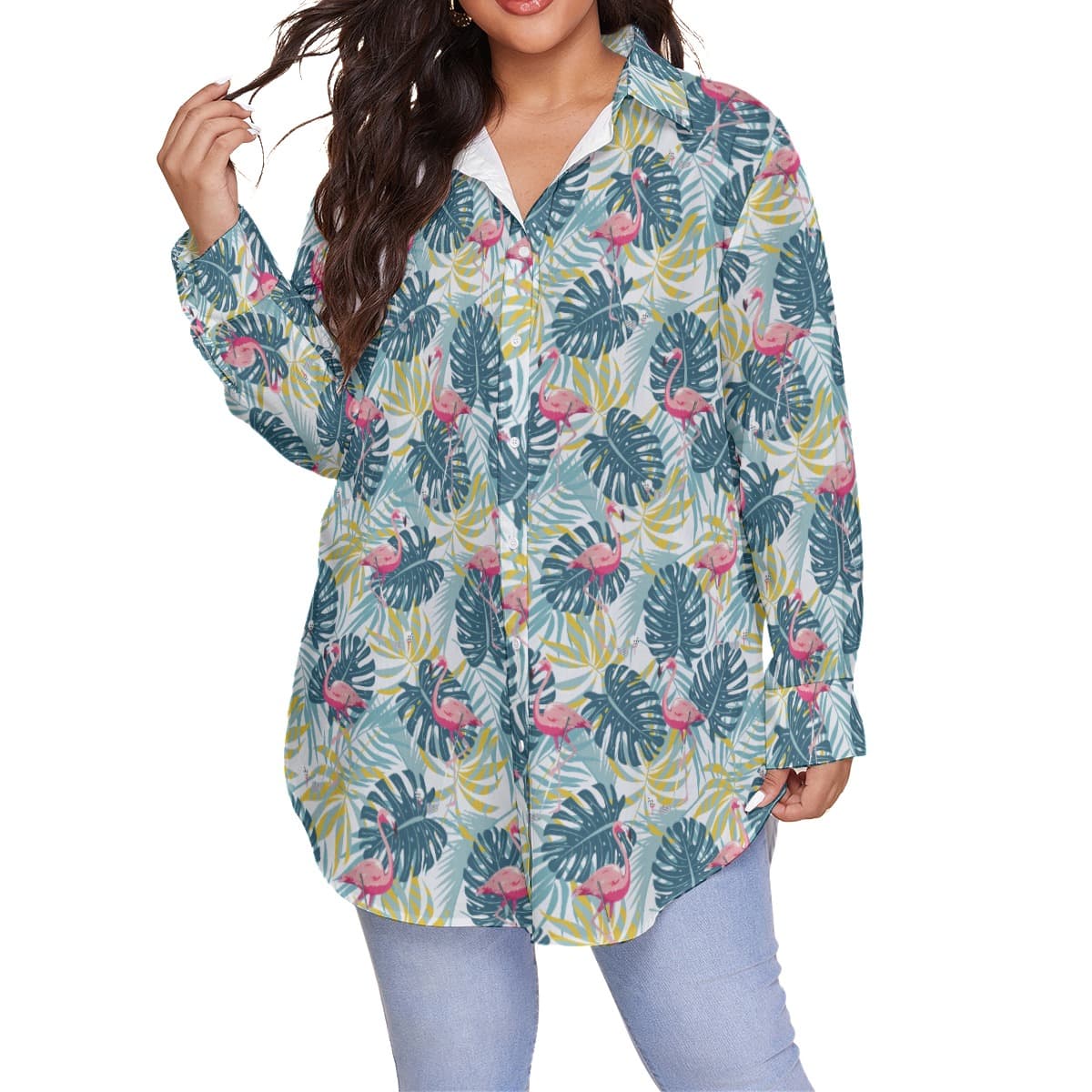 Tropical Flamingo Women's Green Hawaiian Plus Size Shirt