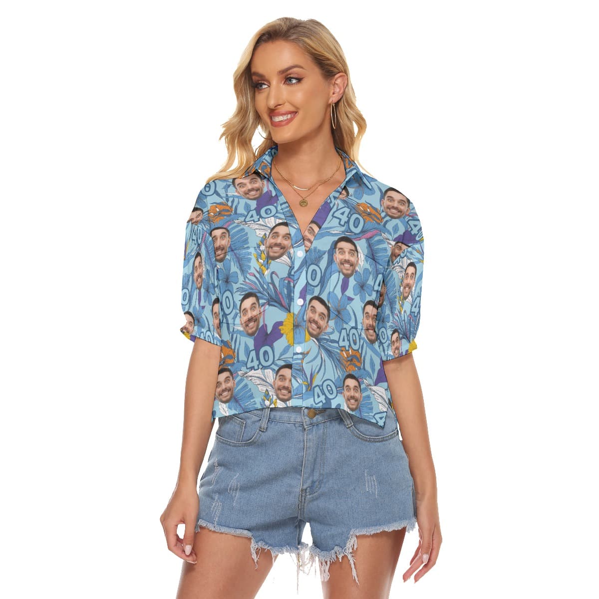 Tropical Floral Custom Face Birthday Hawaiian Cropped Shirt For Women