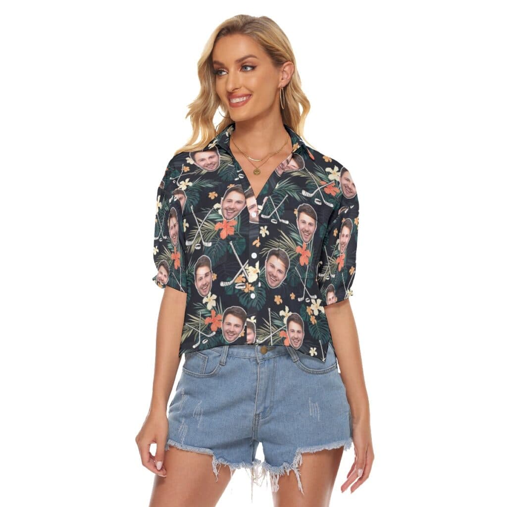 Tropical Hibicus Hockey Custom Face Hawaiian Cropped Shirt For Women
