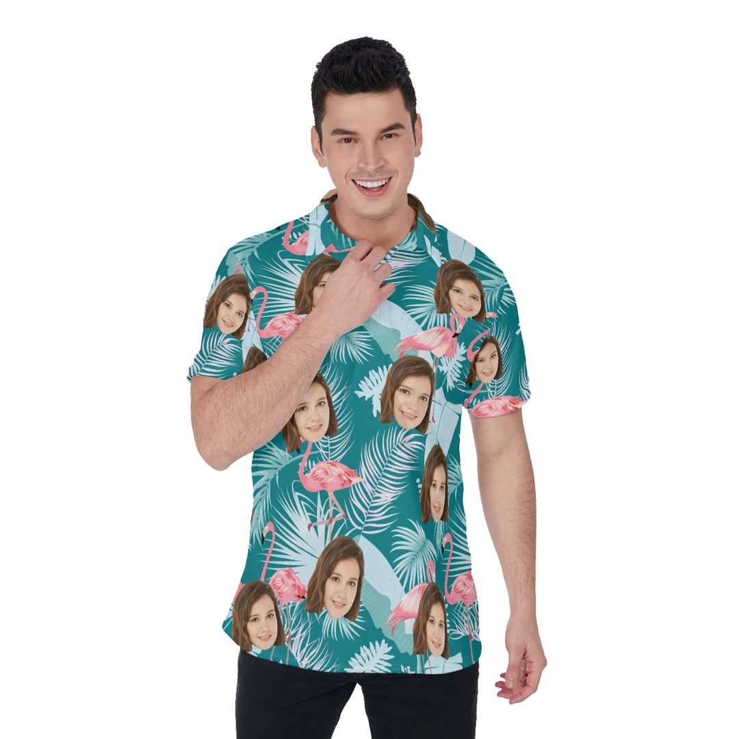 Tropical Leaf Flamingo Custom Face Golf Polo Shirt (1)