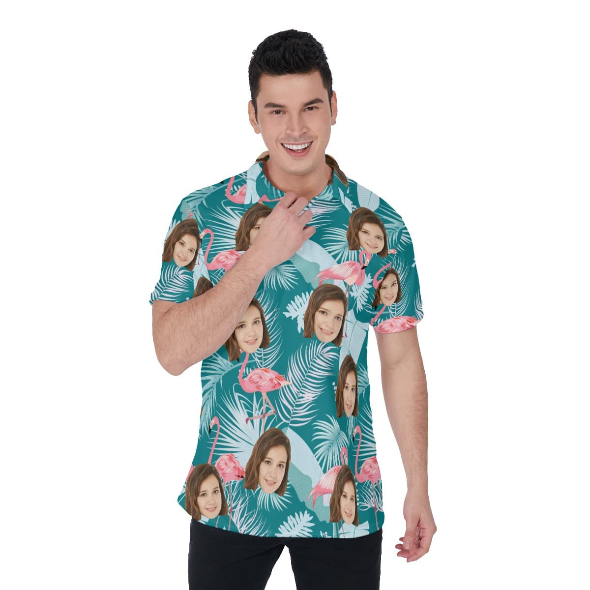 Tropical Leaf Flamingo Custom Face Golf Polo Shirt (1)