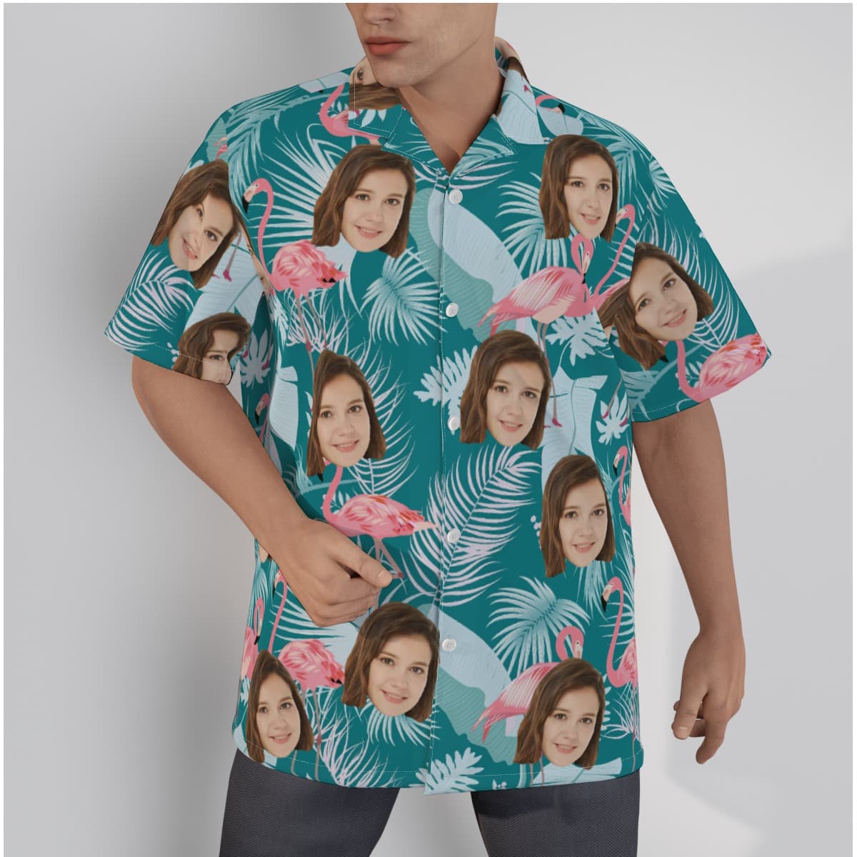 Tropical Leaf Flamingo Custom Face Hawaiian Shirt (1)