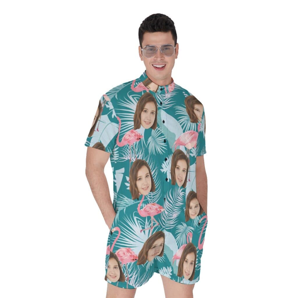 Tropical Leaf Flamingo Custom Face Men's Romper (1)