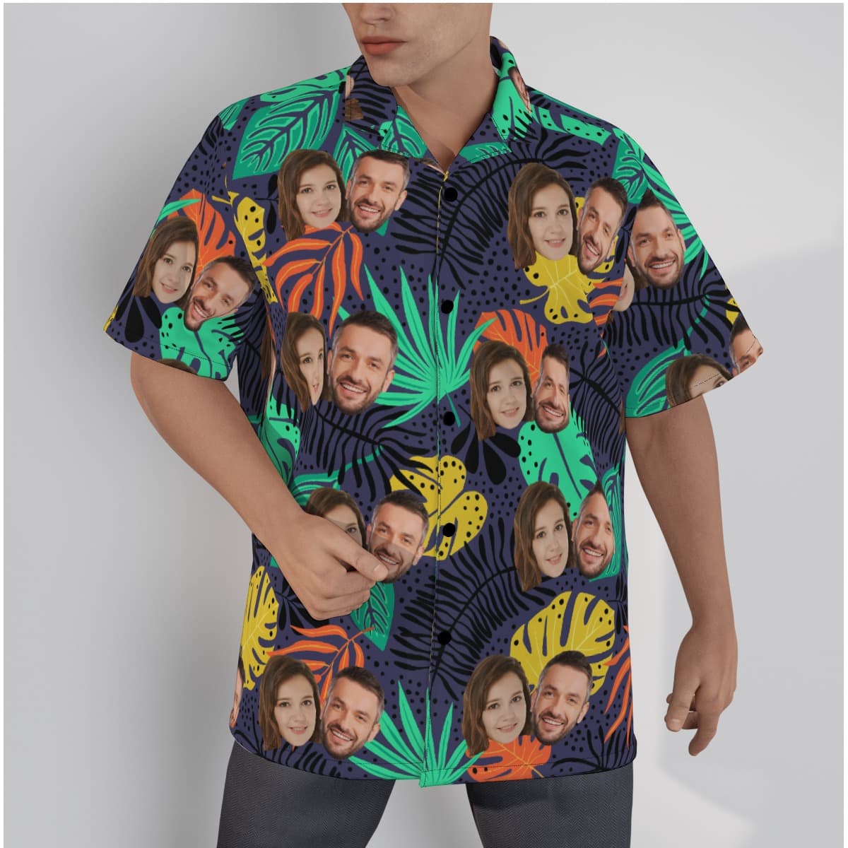 Tropical Leaf Hawaiian Shirt With Custom Couple Faces (1)