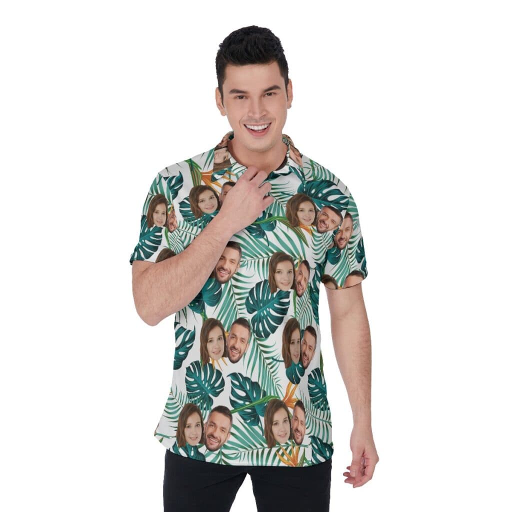 Tropical Leaf Men's Polo Shirt With Couple Faces (1)