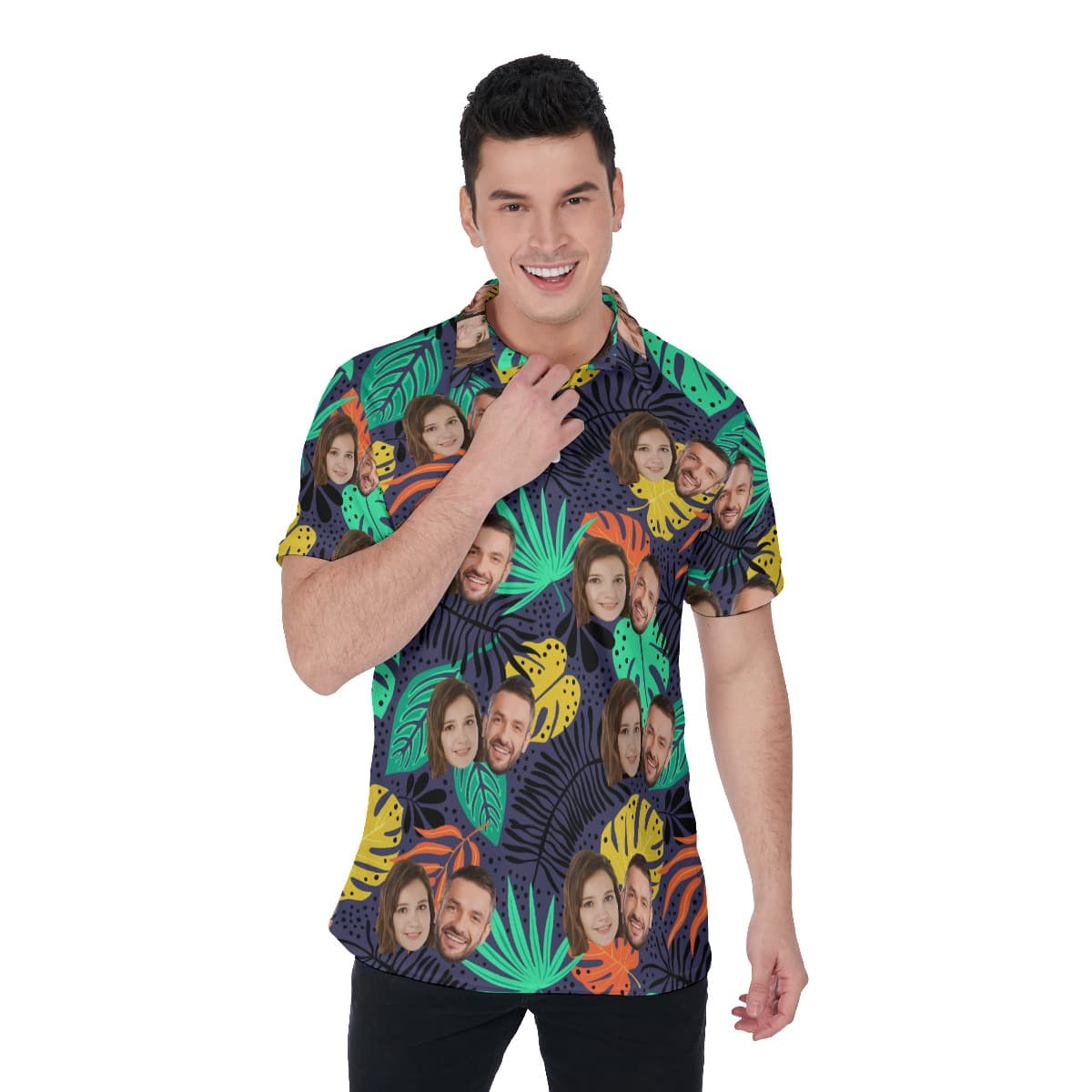 Tropical Leaf Men's Polo Shirt With Custom Couple Faces (1)