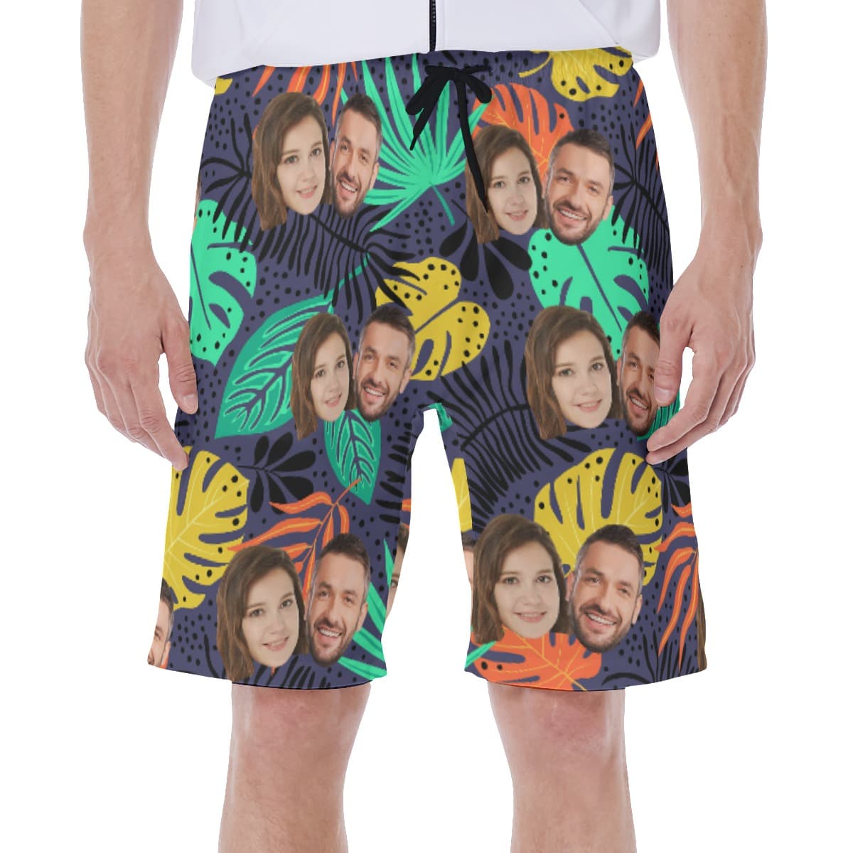 Tropical Leaf Men's Swim Trunks With Custom Couple Faces (1)