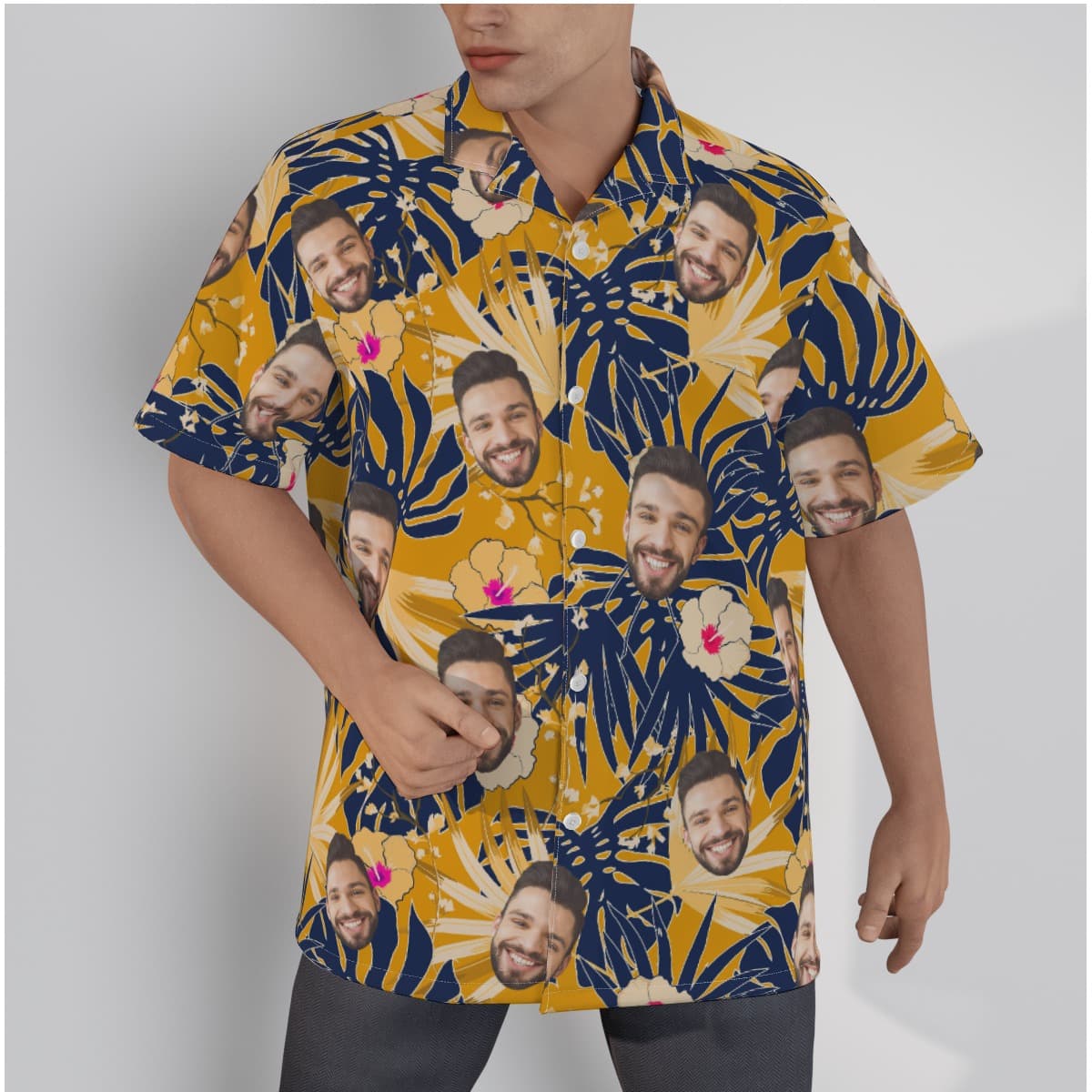 Tropical Leaf Yellow Hawaiian Shirt With Custom Face (3)