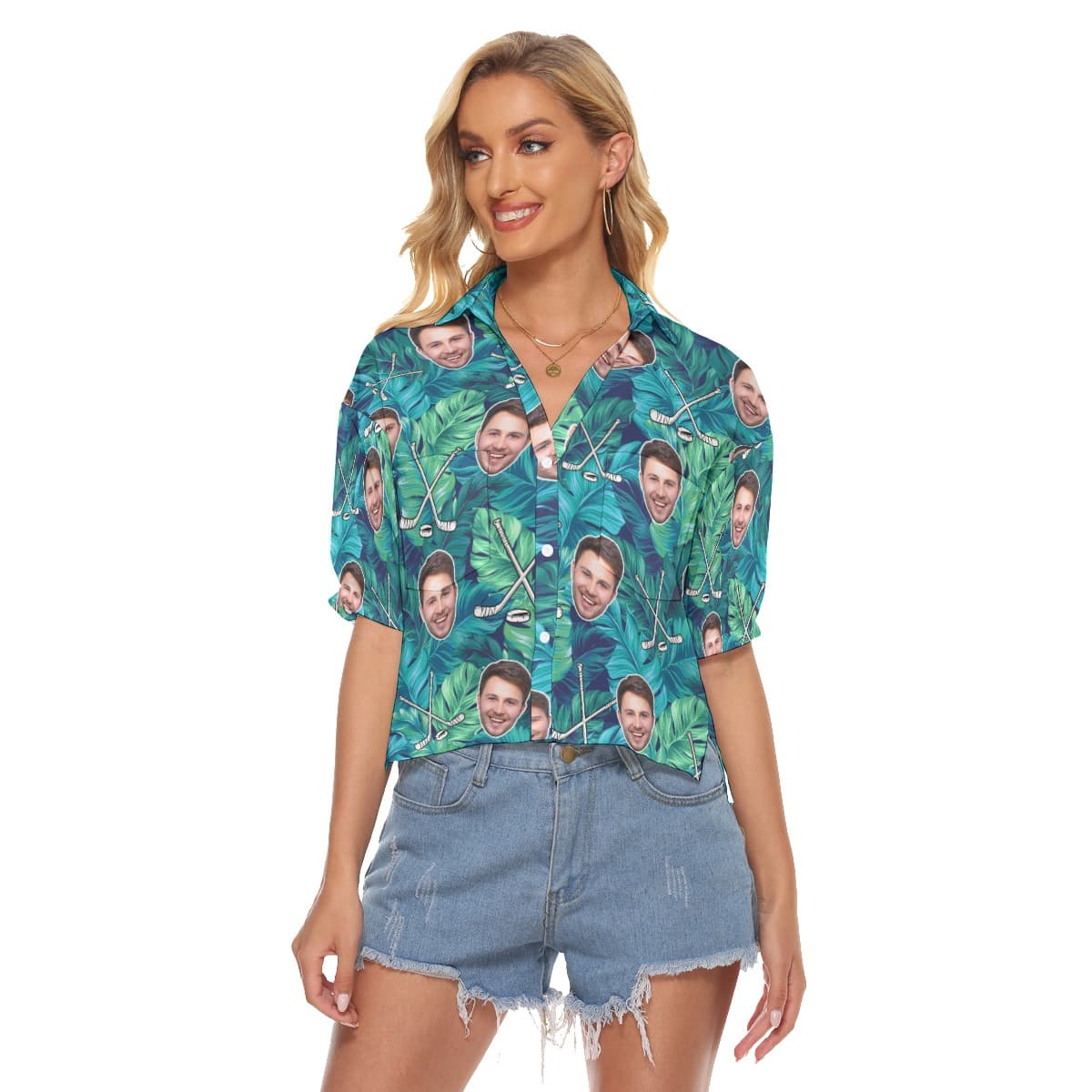 Tropical Leave Hockey Custom Face Hawaiian Crop Top Shirt (4)