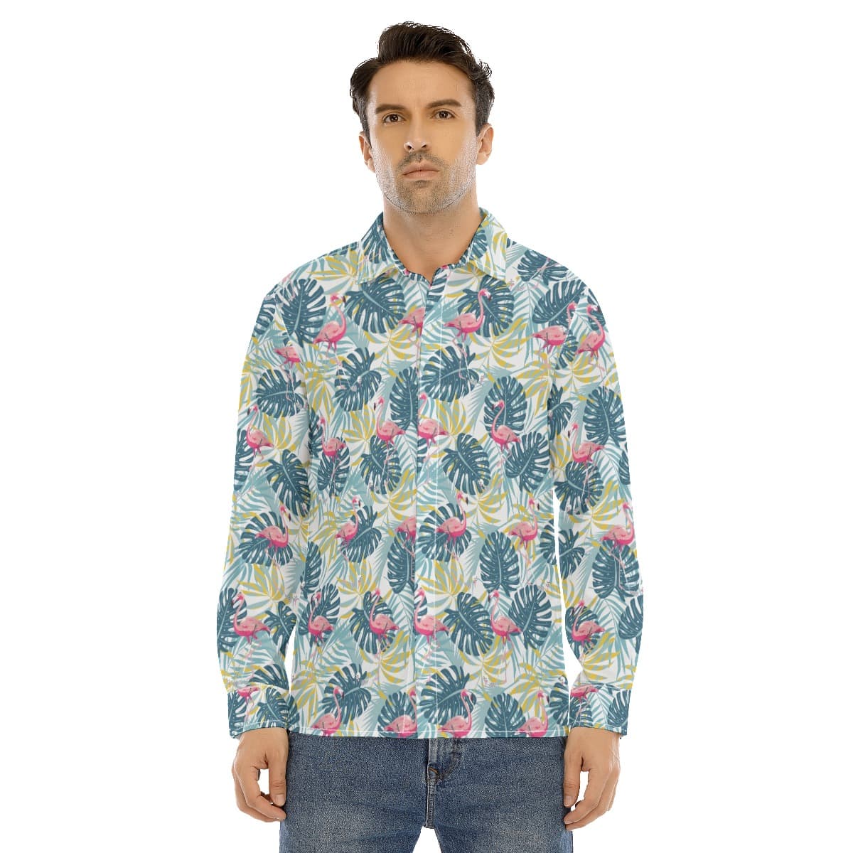 Tropical Leaves Flamingo Aloha Long Sleeve Shirt For Men