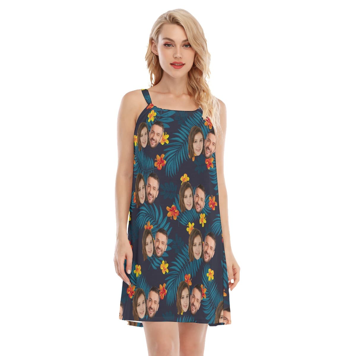 Tropical Multi Custom Face Cami Dress For Couples (1)