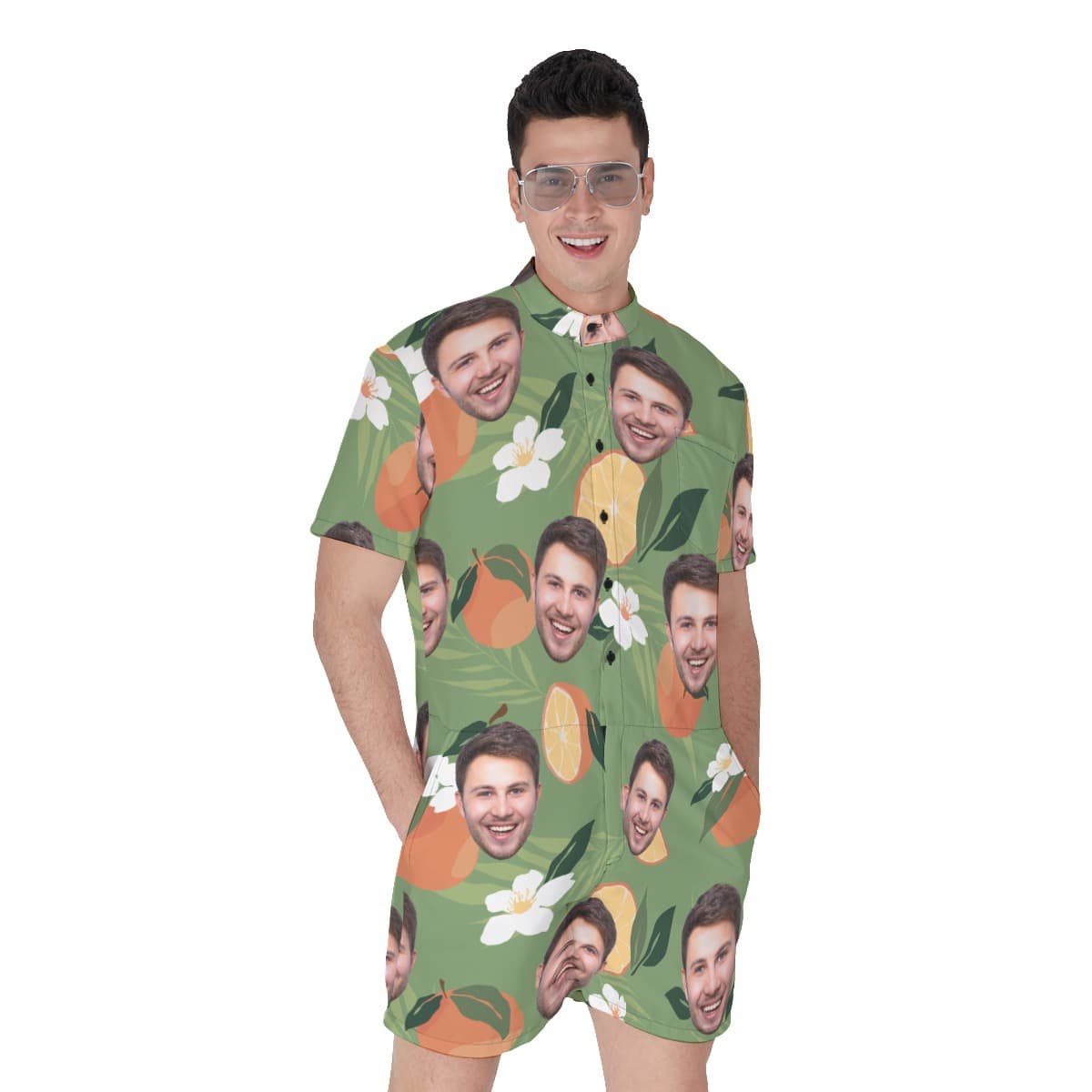Tropical Orange Custom Face Men's Hawaiian Romper