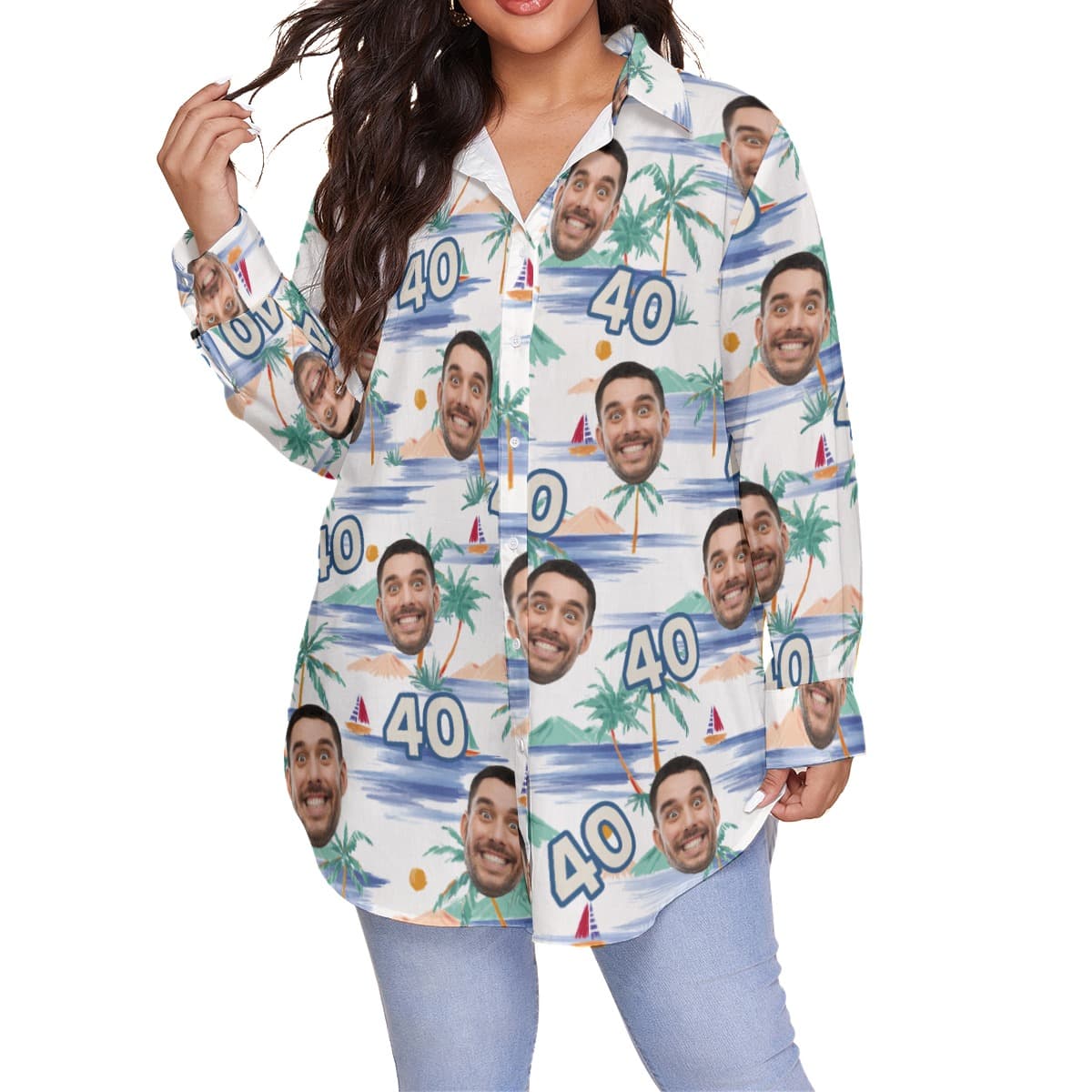 Tropical Palm Tree Custom Face Birthday Hawaiian Plus Size Shirt For Women (4)