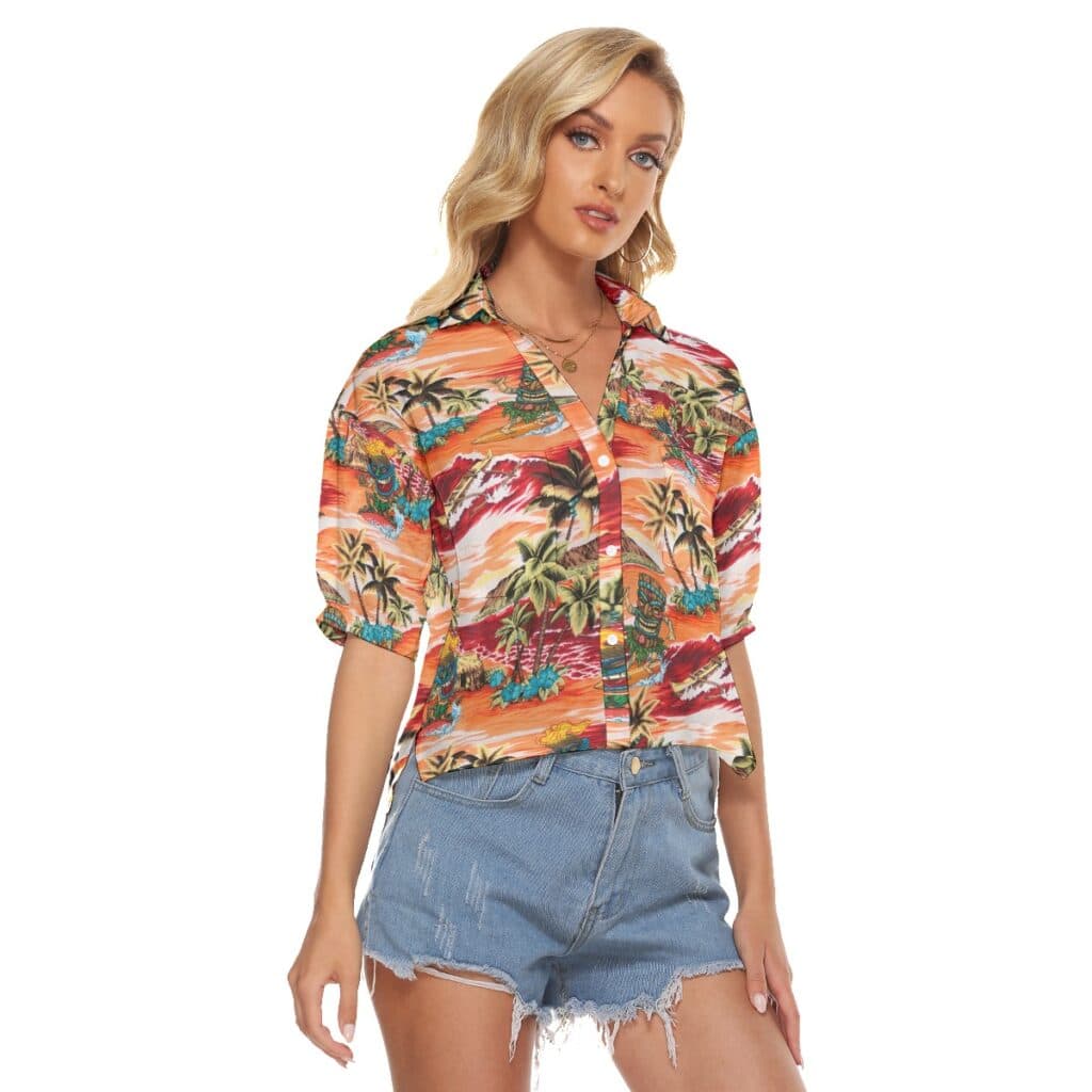 Tropical Palm Tree Tiki Surfing Hawaiian Crop Top Shirt For Women