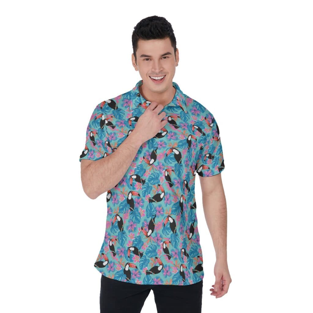 Tropical Parrot Blue Hawaiian Golf Shirt For Men
