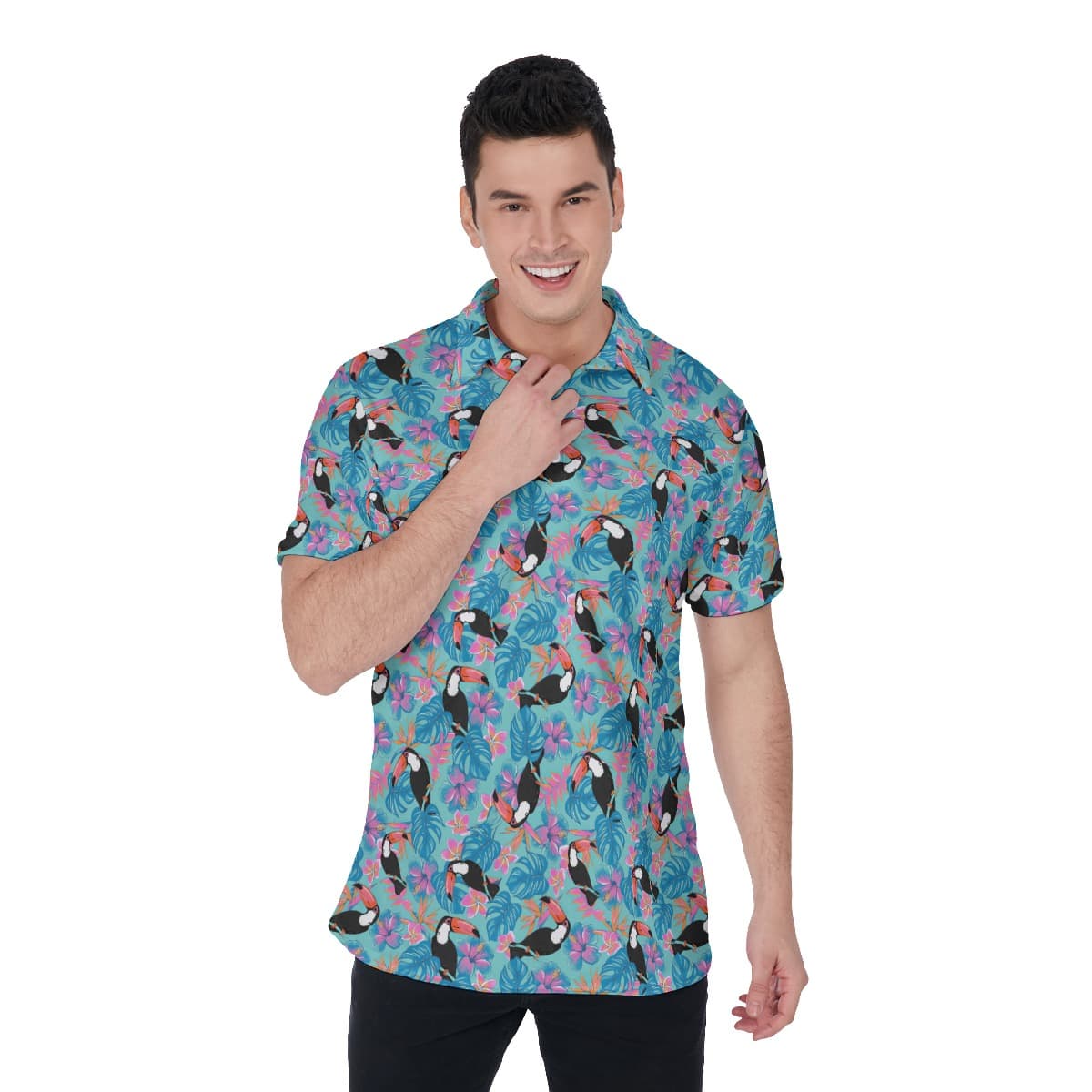 Tropical Parrot Blue Hawaiian Golf Shirt For Men