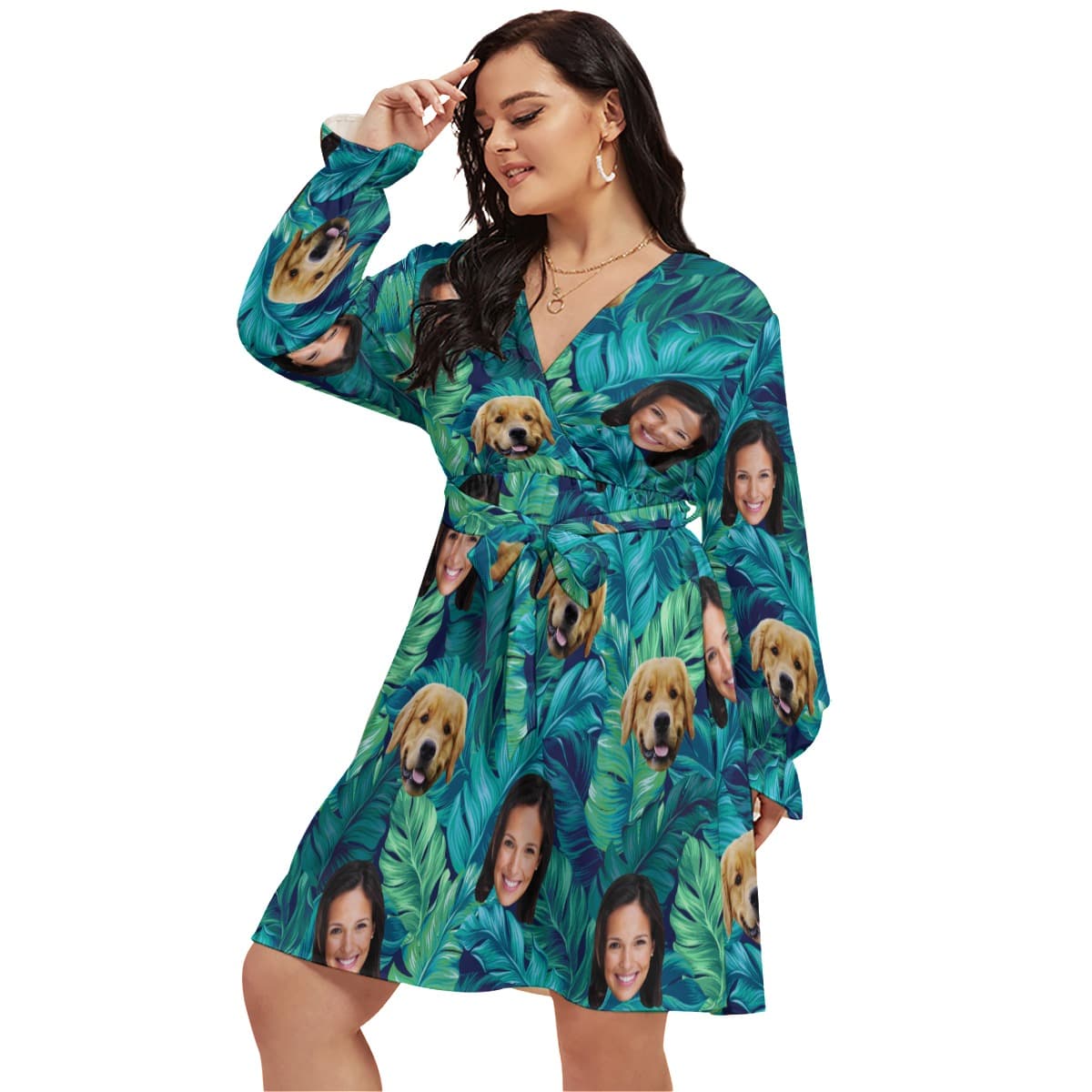 Tropical Personalized With Dog Hawaiian V-neck Oversized Dress (1)