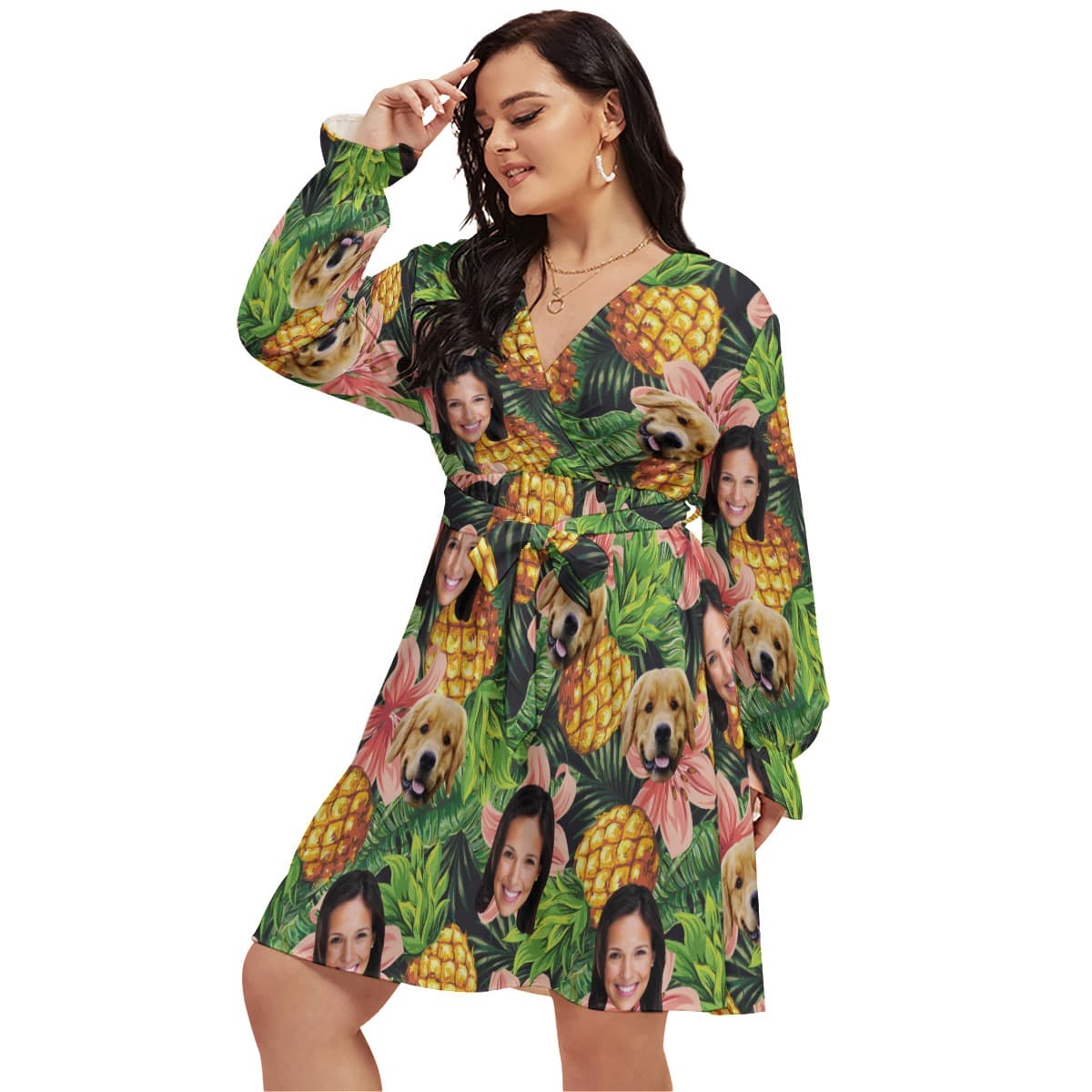 Tropical Personalized With Dog Hawaiian V-neck Plus Size Dress (1)