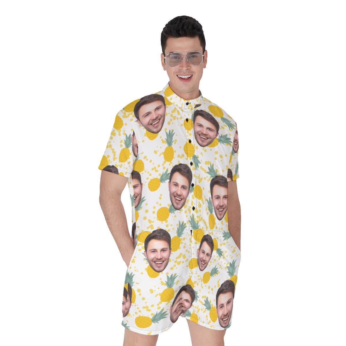 Tropical Pineapple Custom Face Men's Hawaiian Romper For Summer