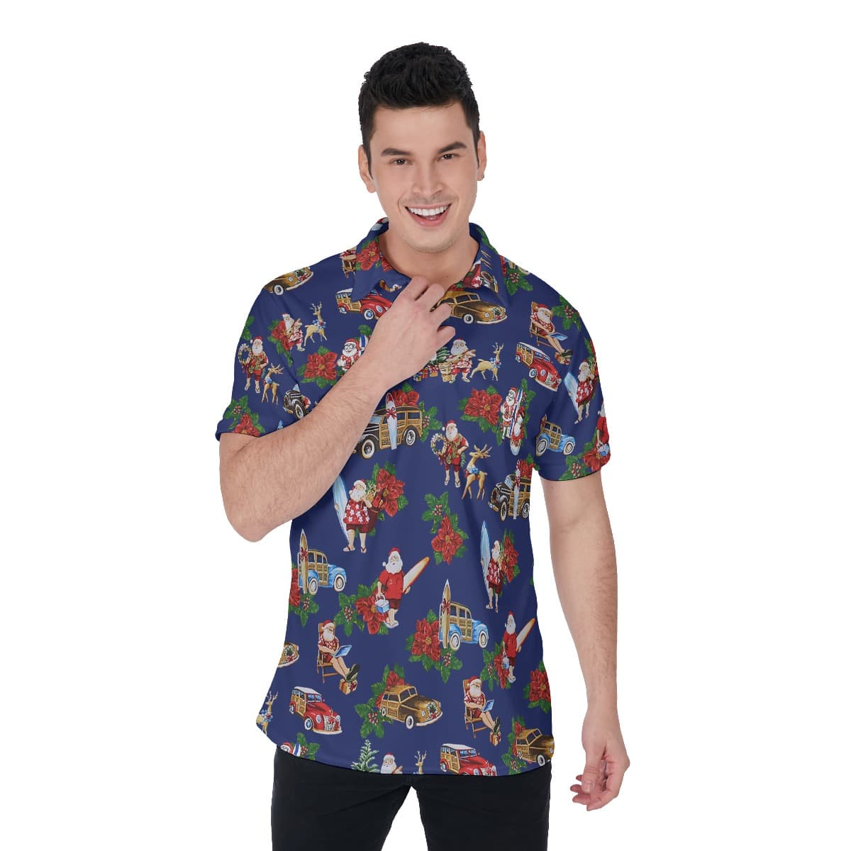 Tropical Santa Blue Hawaiian Polo Shirt For Men (1)