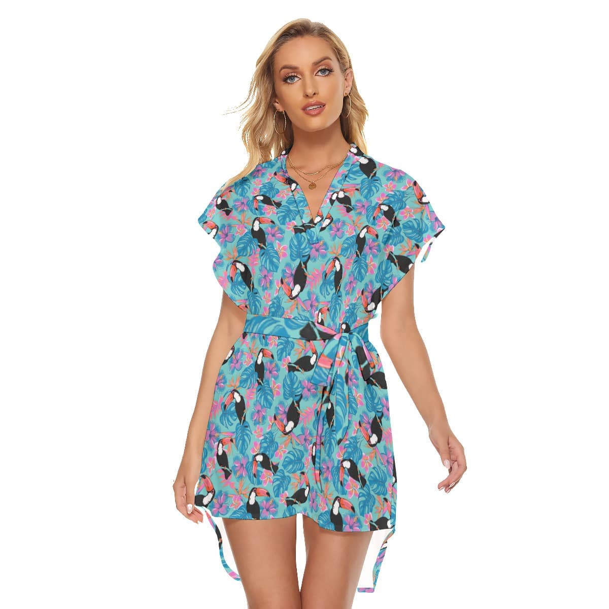 Tropical Toucans Floral Hawaiian Dress With Belt For Women (4)