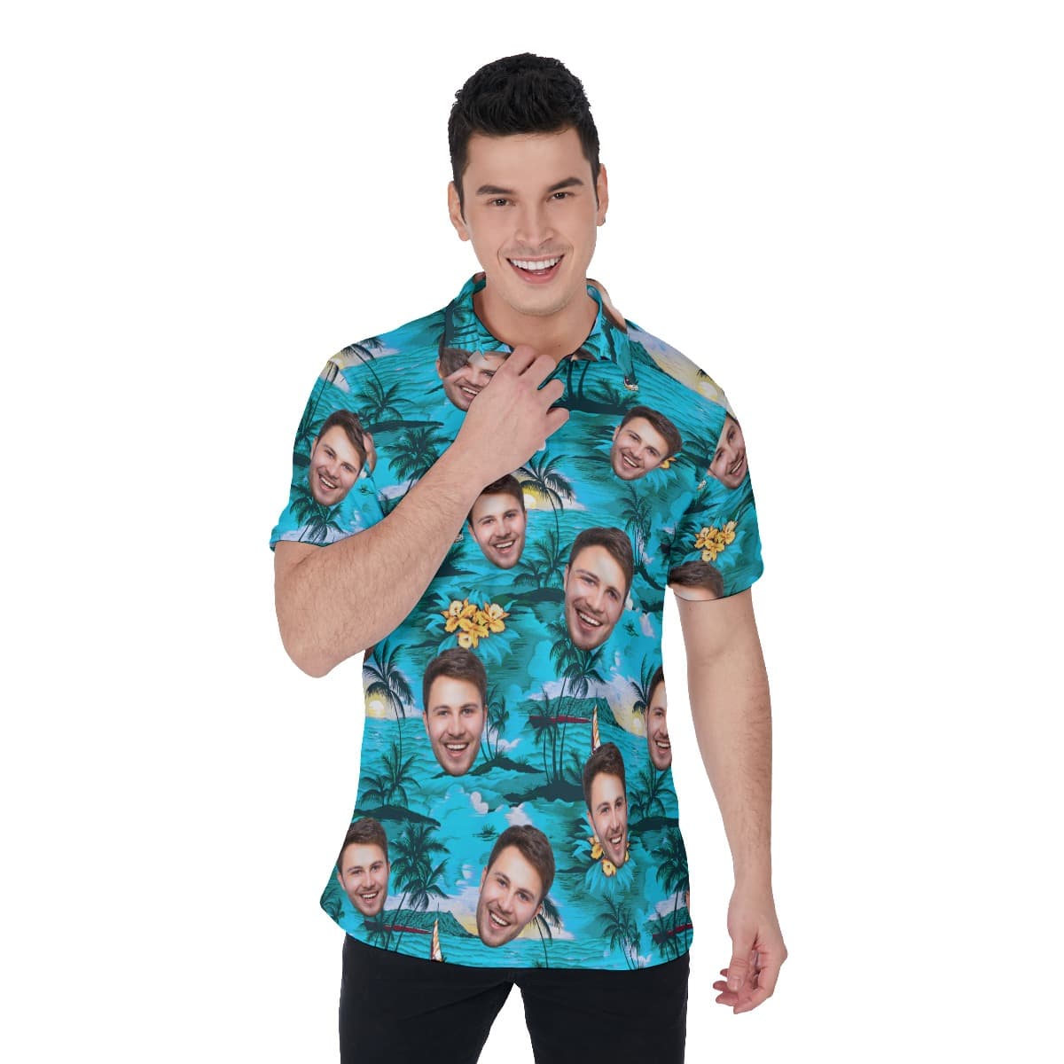 Unique Beach Scenery Men's Polo Shirt With Custom Face (3)