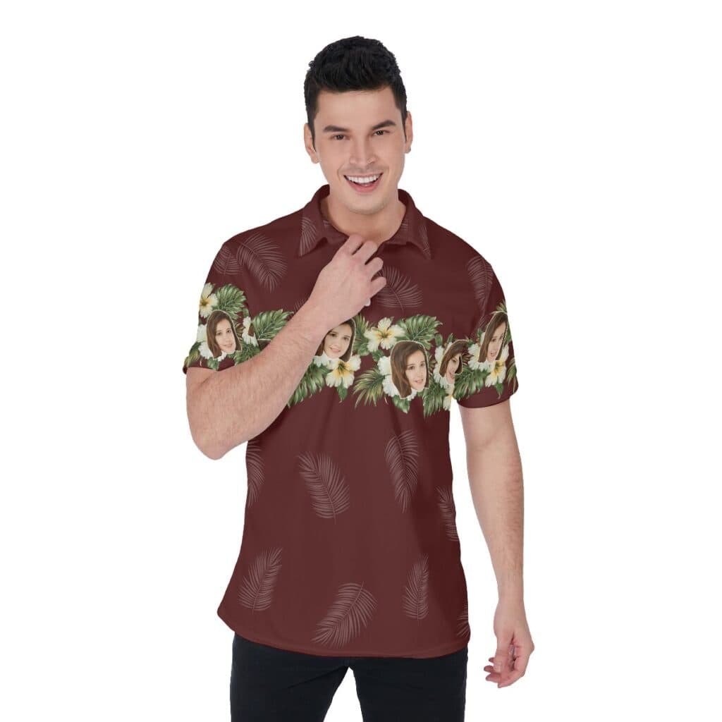 Unique Custom Face Floral Red Men's Polo Shirt (4)