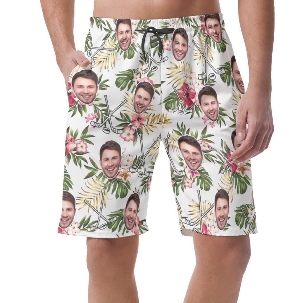 Unique Custom Face Hockey Floral Hawaiian Summer Shorts For Men