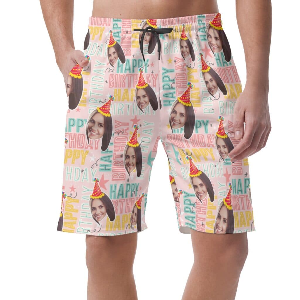 Unique Happy Birthday Custom Face Hawaiian Beach Shorts For Men