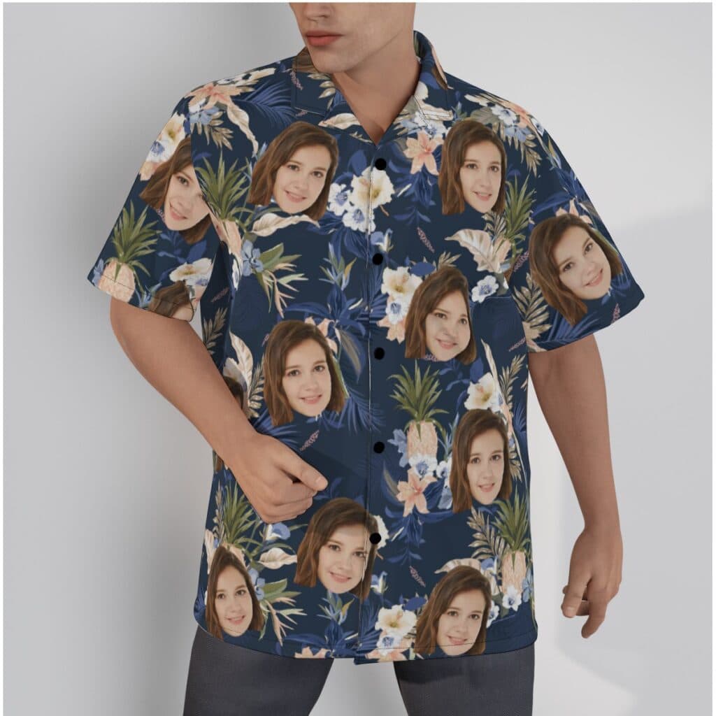 Vintage Floral Navy Hawaiian Shirt With Face (1)