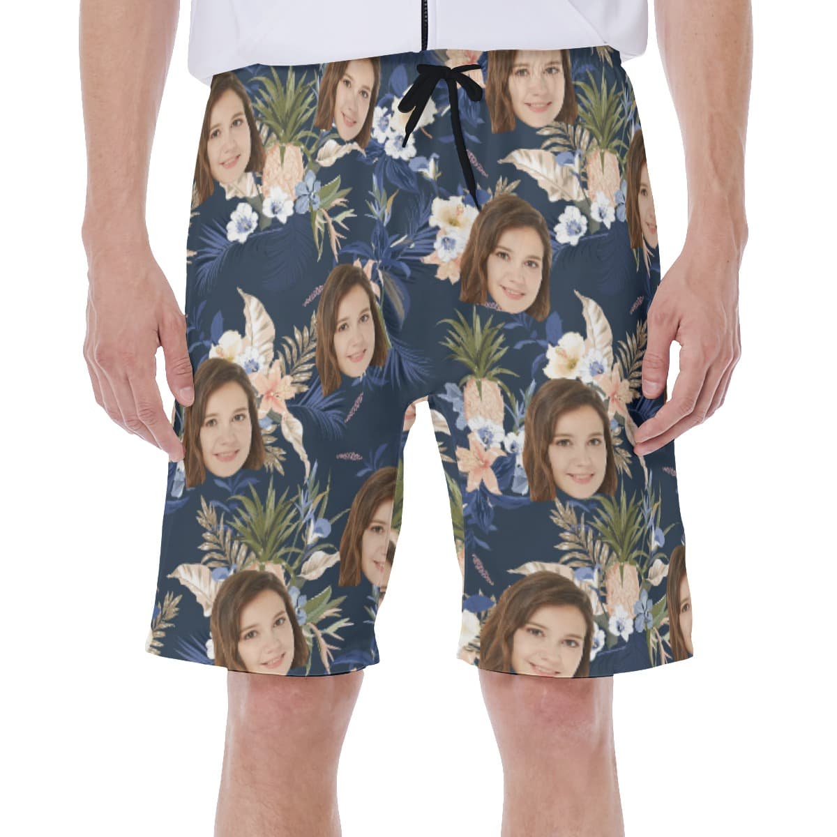 Vintage Floral Navy Hawaiian Shorts With Face (1)