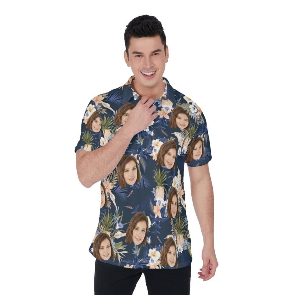 Vintage Floral Navy Polo Shirt With Face (3)