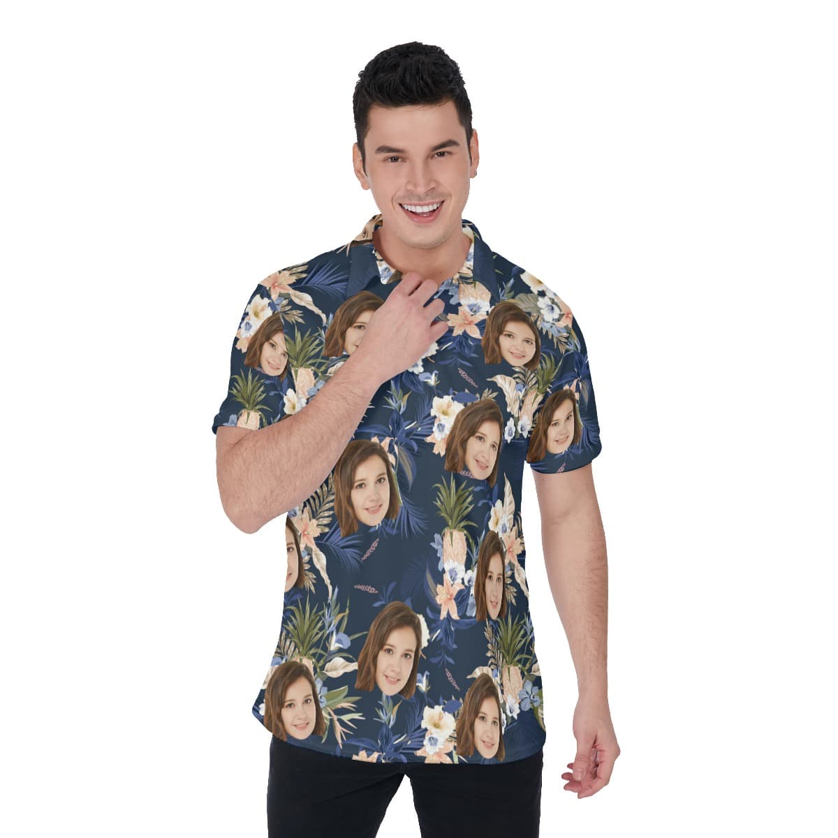 Vintage Floral Navy Polo Shirt With Face (3)