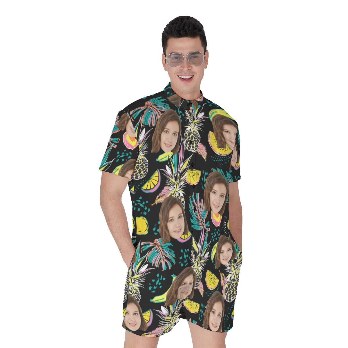 Vintage Pineapple Men's Hawaiian Romper With Custom Face (1)