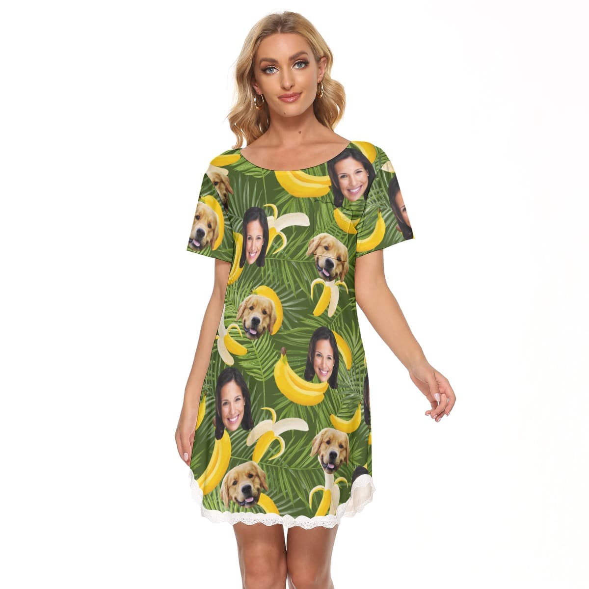 Women’s Custom Dog And Owner Banana Hawaiian Lace Dress (1)