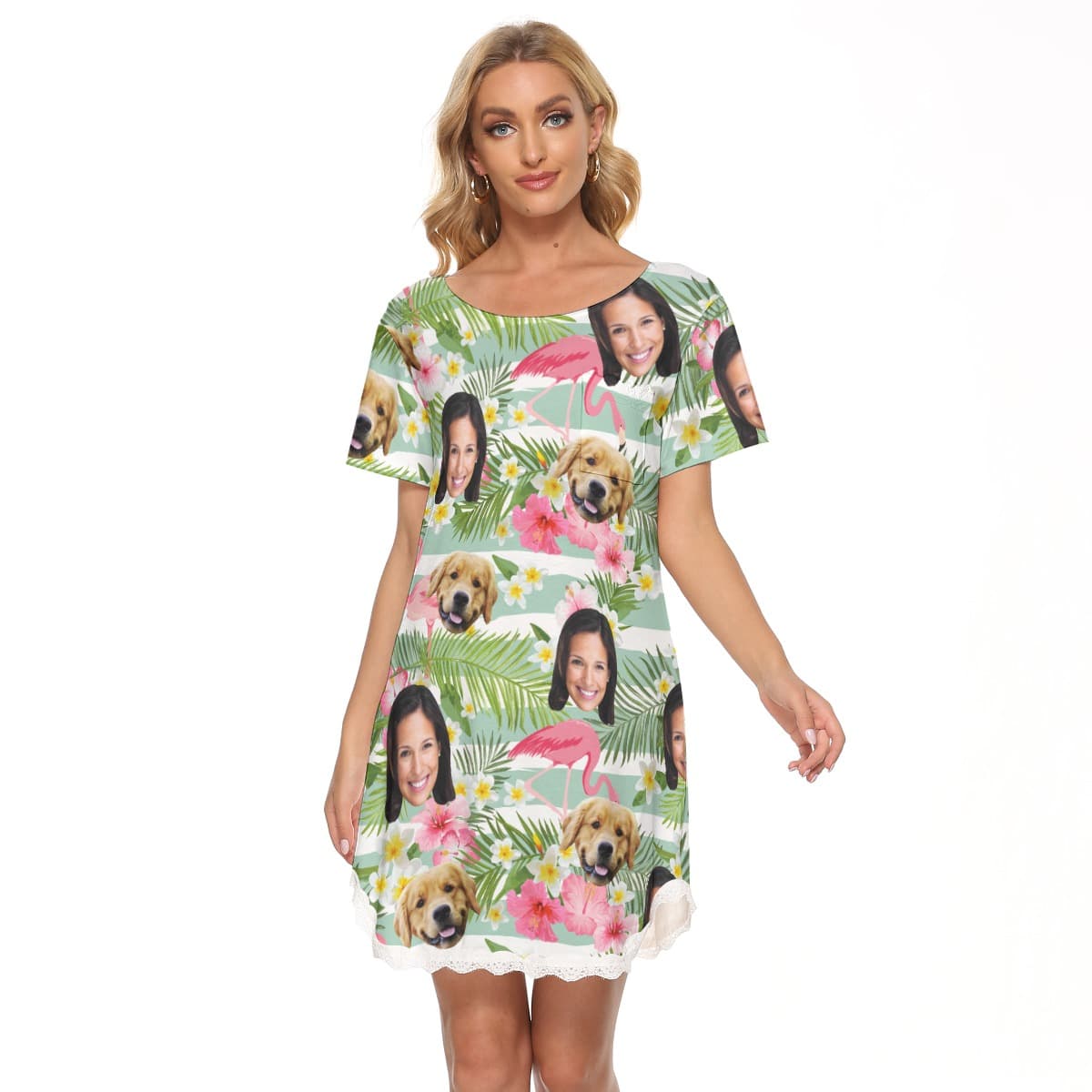 Women’s Custom Dog And Owner Flamingo Hawaiian Lace Dress (1)